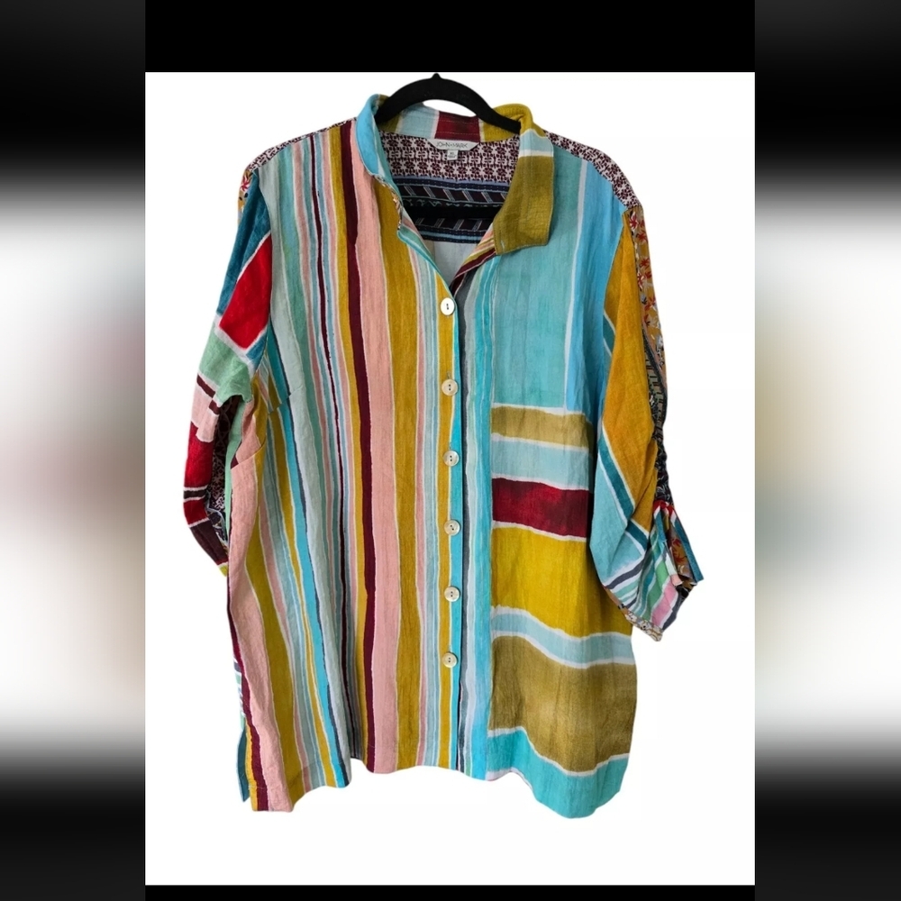$120 John Mark Shirt Women XL Mixed Print Collared Cinched 3/4 Tie Sleeve Boho - Picture 2 of 14